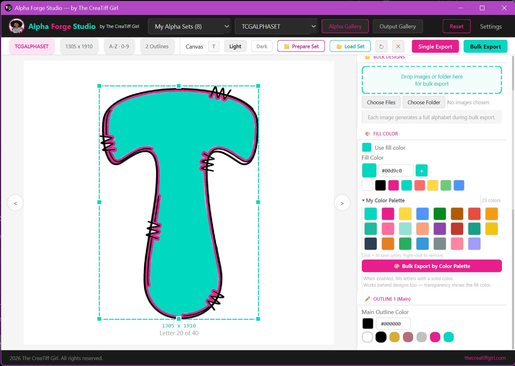 Alpha Forge Studio — main interface with color palette and design tools