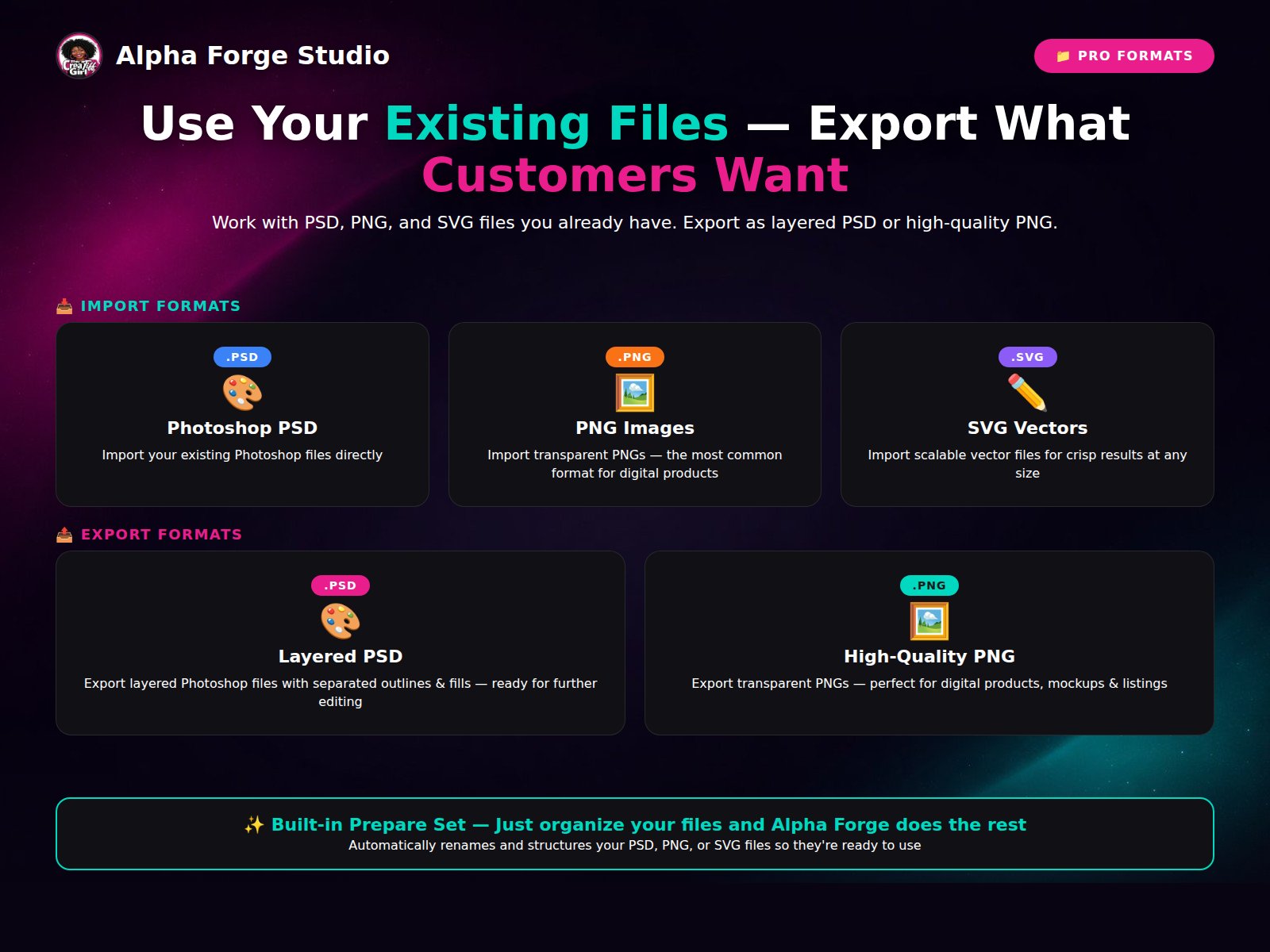 Import PSD, PNG, SVG — export layered PSD or high-quality PNG
