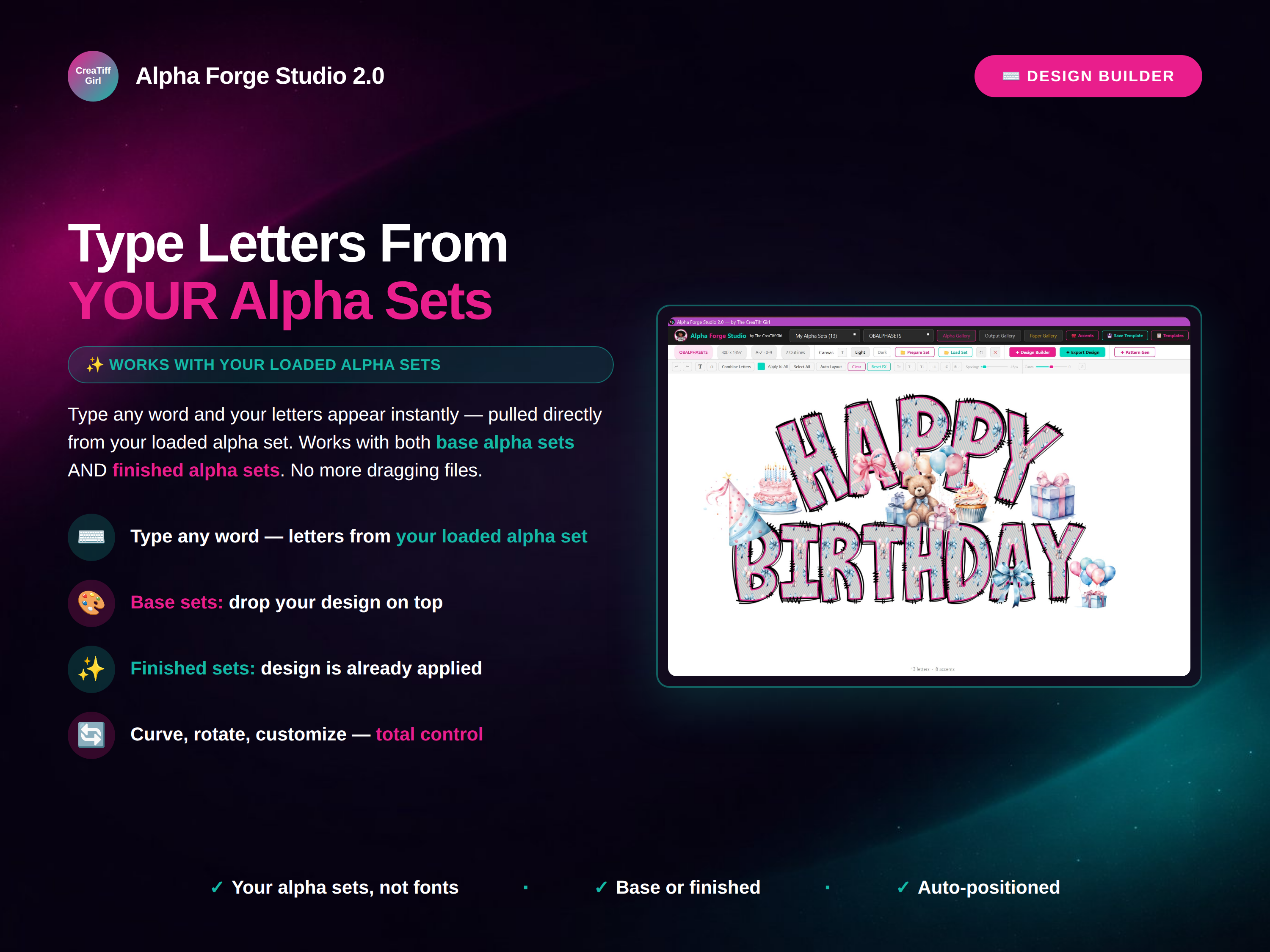 Design Builder — type letters from your alpha sets onto a canvas